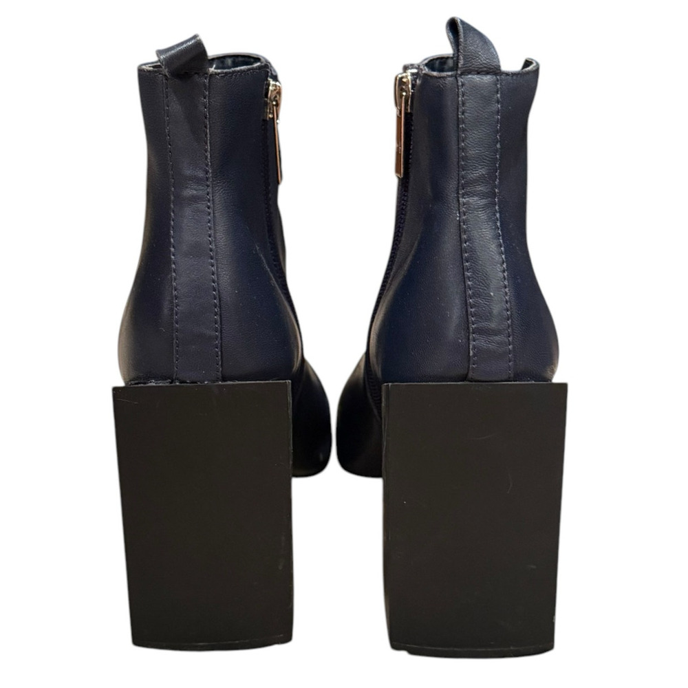 Halston Heritage Leather Boots Ankle Booties Block Heel Size 7.5 3.5'' Heel Navy - Picture 2 of 8